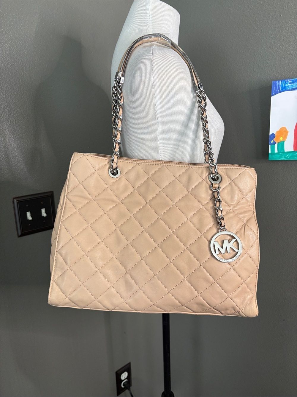Michael Kors Beige Quilted Leather Shoulder Tote with Chain Straps